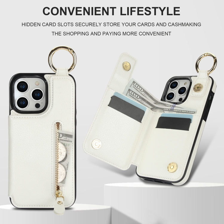 For iPhone 15 Pro Litchi Texture Zipper Double Buckle Card Bag Phone Case(White) - HoMEdemic™ 