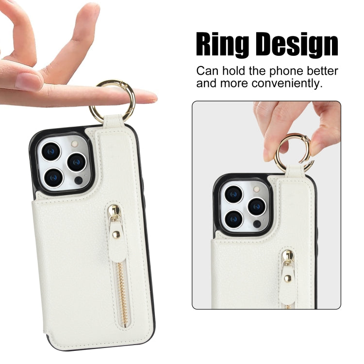 For iPhone 15 Pro Litchi Texture Zipper Double Buckle Card Bag Phone Case(White) - HoMEdemic™ 