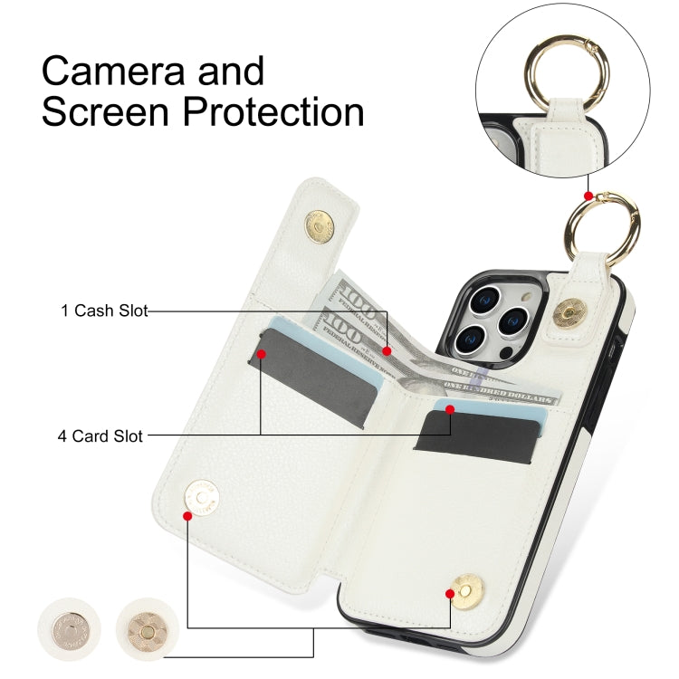 For iPhone 15 Pro Litchi Texture Zipper Double Buckle Card Bag Phone Case(White) - HoMEdemic™ 