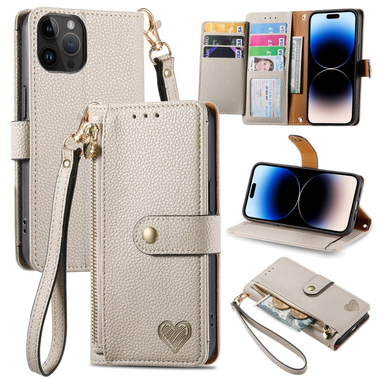 For iPhone 15 Pro Love Zipper Lanyard Leather Phone Case(Gray) - HoMEdemic™ 