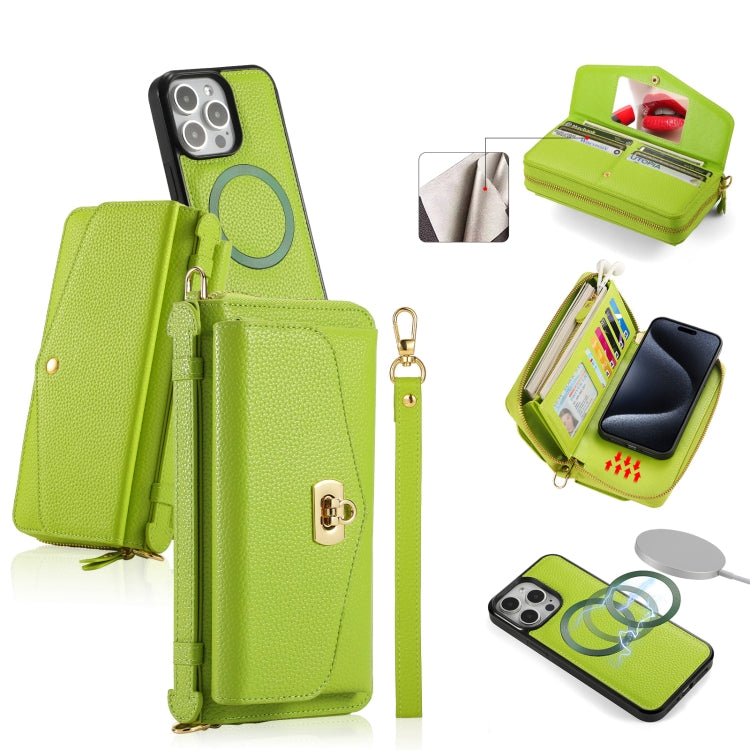 For iPhone 15 Pro MagSafe Crossbody Multi-functional Zipper Wallet Litchi Leather Phone Case(Green) - HoMEdemic™ 