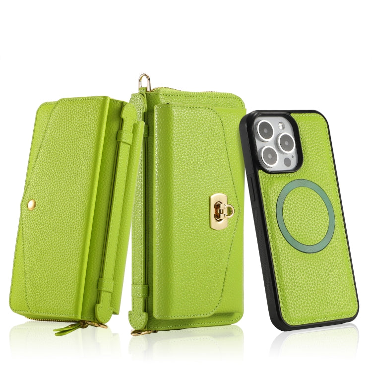 For iPhone 15 Pro MagSafe Crossbody Multi-functional Zipper Wallet Litchi Leather Phone Case(Green) - HoMEdemic™ 