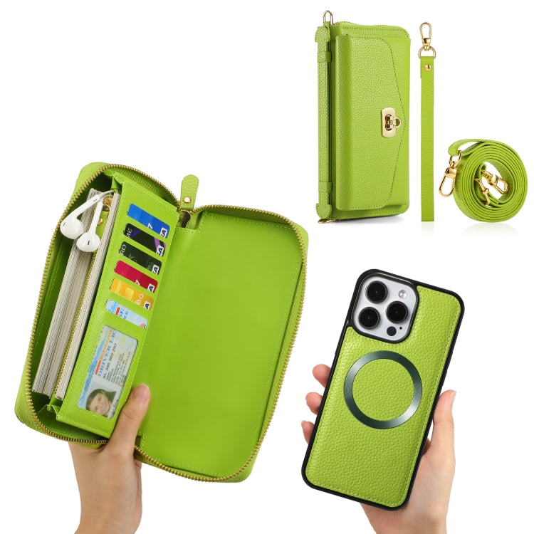 For iPhone 15 Pro MagSafe Crossbody Multi-functional Zipper Wallet Litchi Leather Phone Case(Green) - HoMEdemic™ 