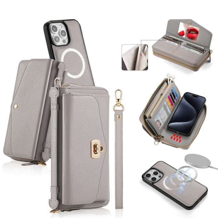 For iPhone 15 Pro MagSafe Crossbody Multi-functional Zipper Wallet Litchi Leather Phone Case(Grey) - HoMEdemic™ 