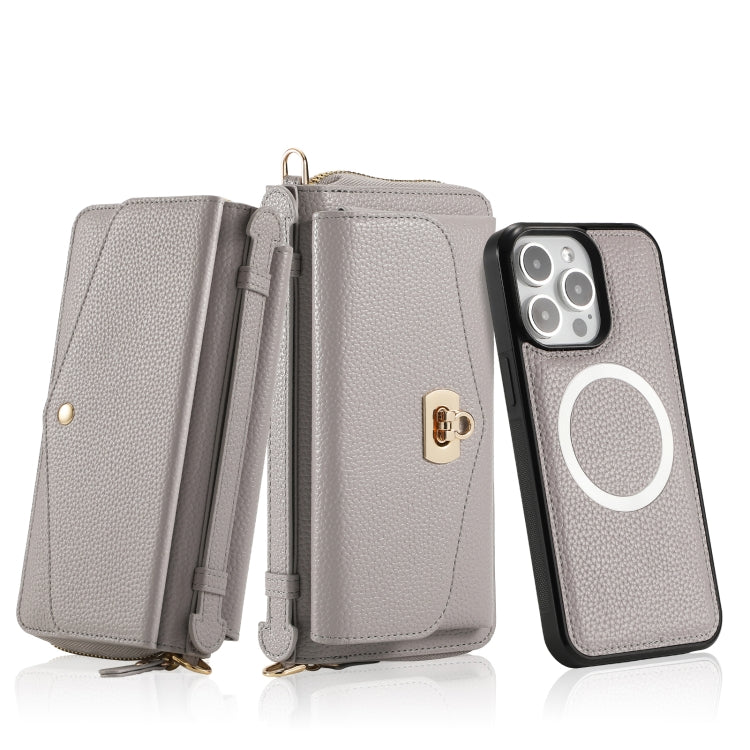 For iPhone 15 Pro MagSafe Crossbody Multi-functional Zipper Wallet Litchi Leather Phone Case(Grey) - HoMEdemic™ 