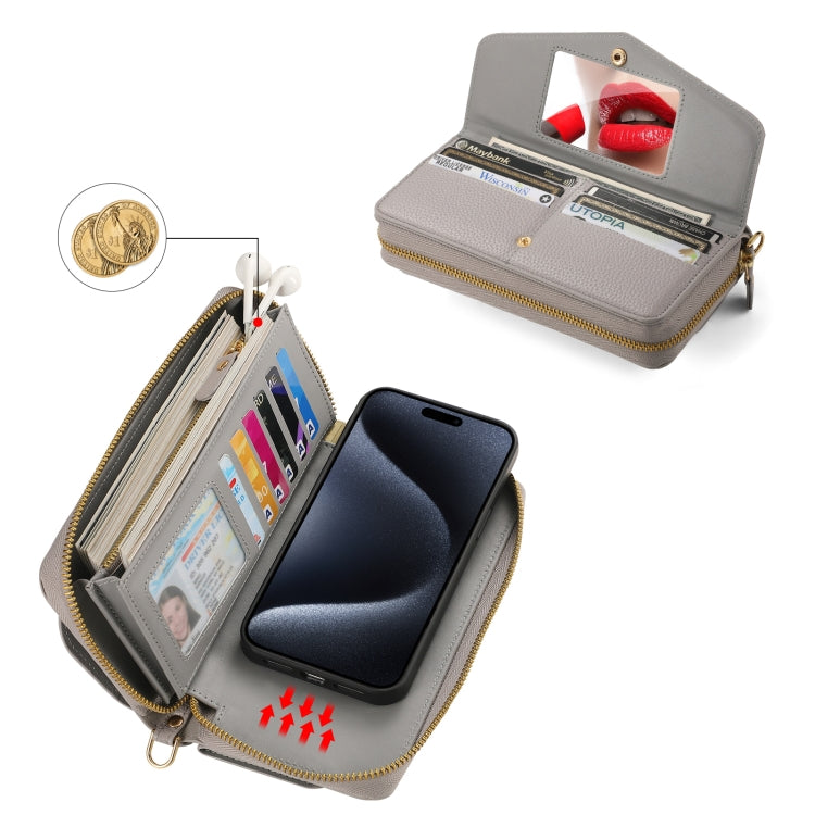 For iPhone 15 Pro MagSafe Crossbody Multi-functional Zipper Wallet Litchi Leather Phone Case(Grey) - HoMEdemic™ 