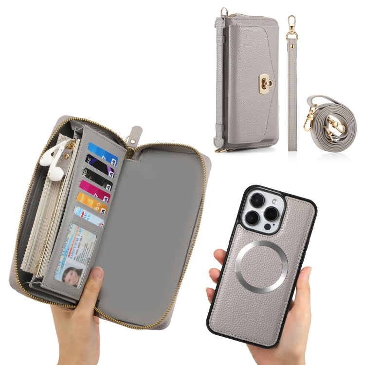For iPhone 15 Pro MagSafe Crossbody Multi-functional Zipper Wallet Litchi Leather Phone Case(Grey) - HoMEdemic™ 