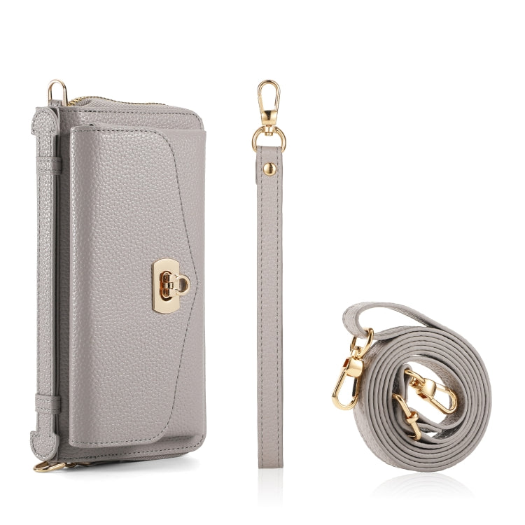 For iPhone 15 Pro MagSafe Crossbody Multi-functional Zipper Wallet Litchi Leather Phone Case(Grey) - HoMEdemic™ 