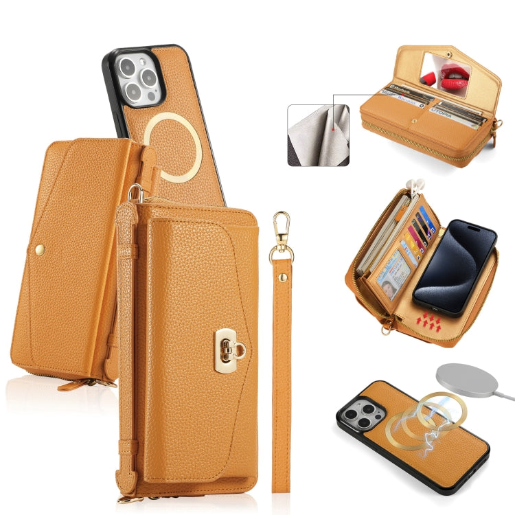 For iPhone 15 Pro MagSafe Crossbody Multi-functional Zipper Wallet Litchi Leather Phone Case(Orange) - HoMEdemic™ 