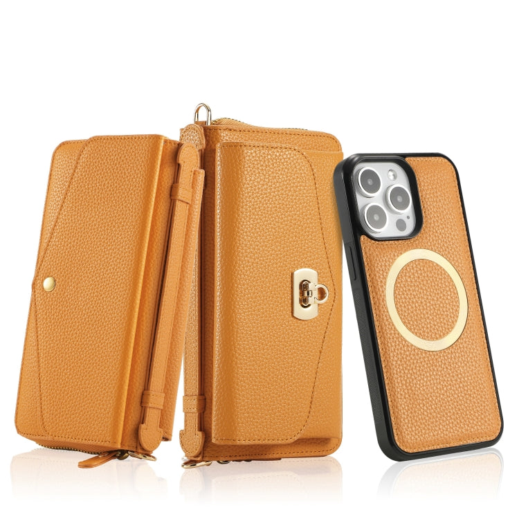 For iPhone 15 Pro MagSafe Crossbody Multi-functional Zipper Wallet Litchi Leather Phone Case(Orange) - HoMEdemic™ 