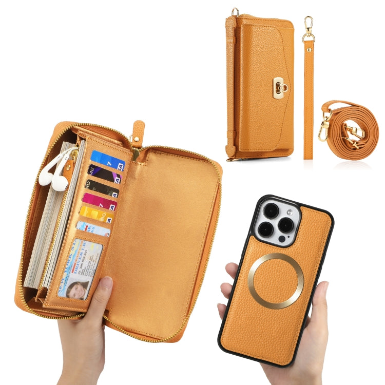 For iPhone 15 Pro MagSafe Crossbody Multi-functional Zipper Wallet Litchi Leather Phone Case(Orange) - HoMEdemic™ 