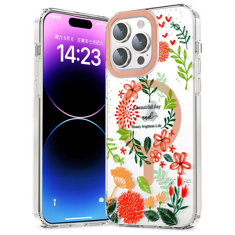 For iPhone 15 Pro MagSafe Magnetic TPU Phone Case(Red Flowers and Green Leaves) - HoMEdemic™ 