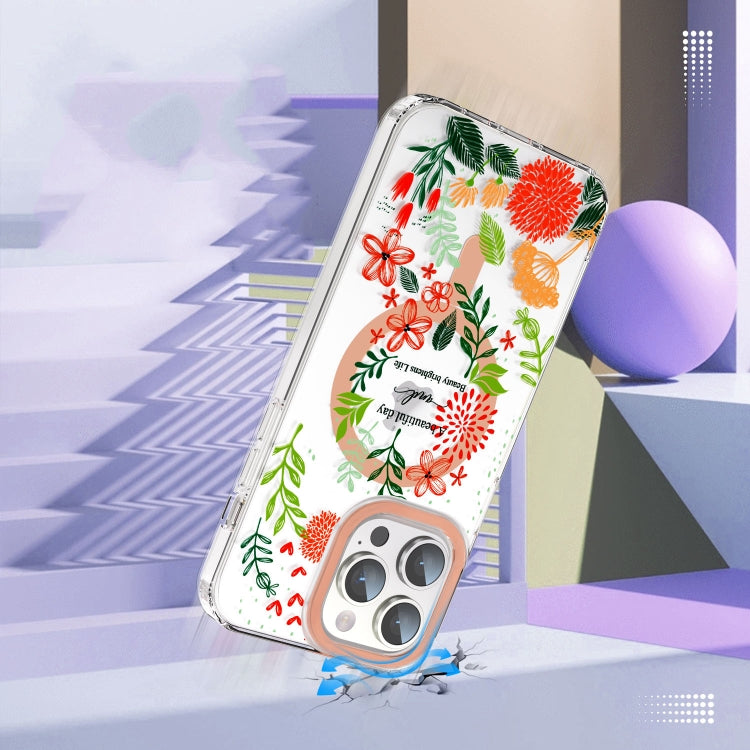 For iPhone 15 Pro MagSafe Magnetic TPU Phone Case(Red Flowers and Green Leaves) - HoMEdemic™ 