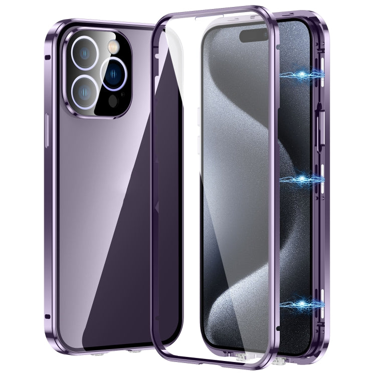 For iPhone 15 Pro Magnetic Double-buckle HD Tempered Glass Phone Case(Purple) - HoMEdemic™ 