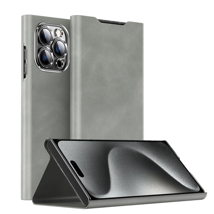 For iPhone 15 Pro Magnetic Napa Texture Leather Phone Case with Holder(Grey) - HoMEdemic™ 
