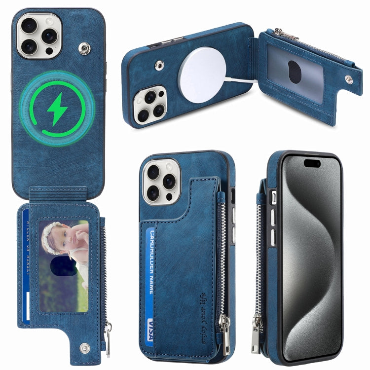 For iPhone 15 Pro Magsafe Zipper RFID Wallet All-inclusive Shockrpoof Phone Case(Blue) - HoMEdemic™ 