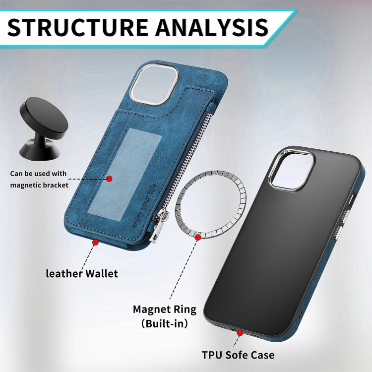 For iPhone 15 Pro Magsafe Zipper RFID Wallet All-inclusive Shockrpoof Phone Case(Blue) - HoMEdemic™ 