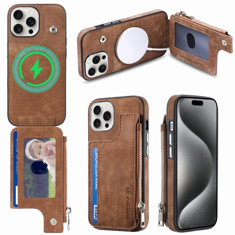 For iPhone 15 Pro Magsafe Zipper RFID Wallet All-inclusive Shockrpoof Phone Case(Brown) - HoMEdemic™ 