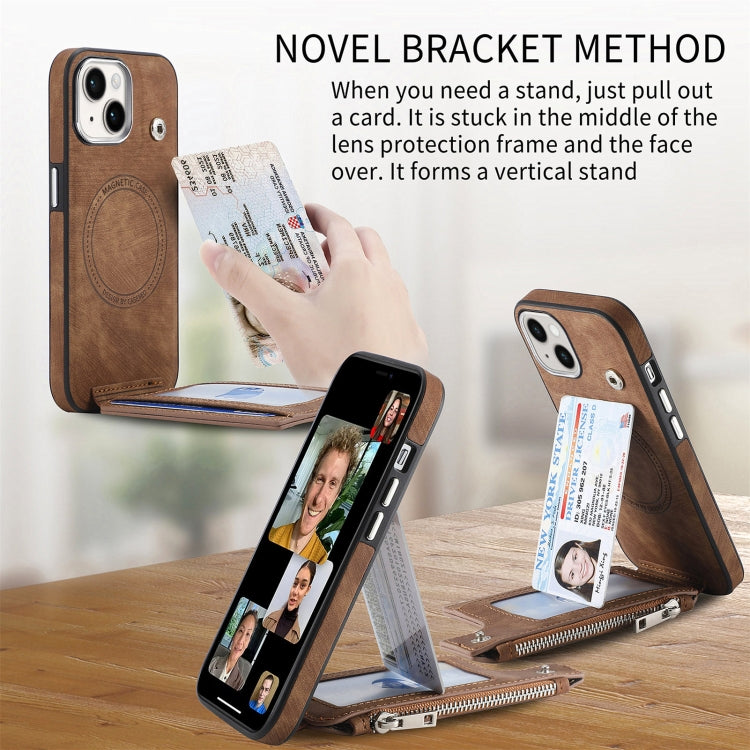 For iPhone 15 Pro Magsafe Zipper RFID Wallet All-inclusive Shockrpoof Phone Case(Brown) - HoMEdemic™ 