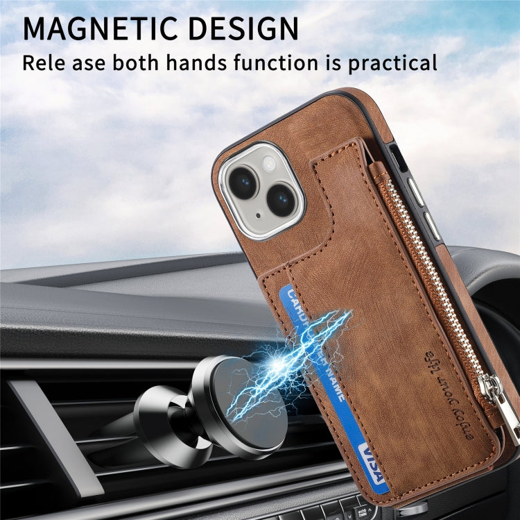 For iPhone 15 Pro Magsafe Zipper RFID Wallet All-inclusive Shockrpoof Phone Case(Brown) - HoMEdemic™ 