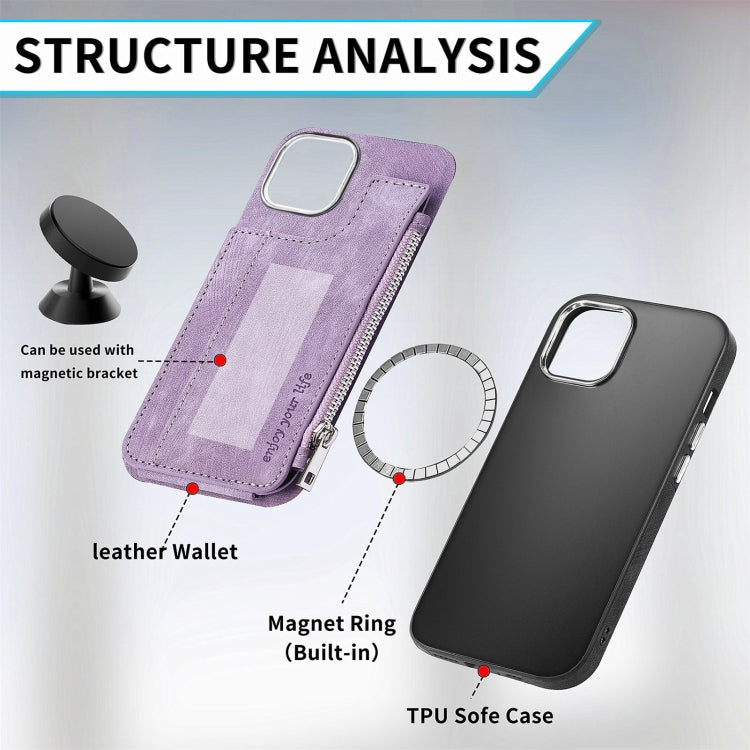 For iPhone 15 Pro Magsafe Zipper RFID Wallet All-inclusive Shockrpoof Phone Case(Purple) - HoMEdemic™ 