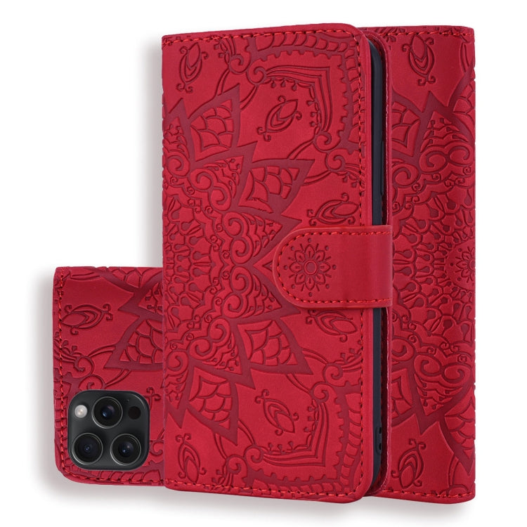 For iPhone 15 Pro Mandala Embossed Dual-Fold Calf Leather Phone Case(Red) - HoMEdemic™ 