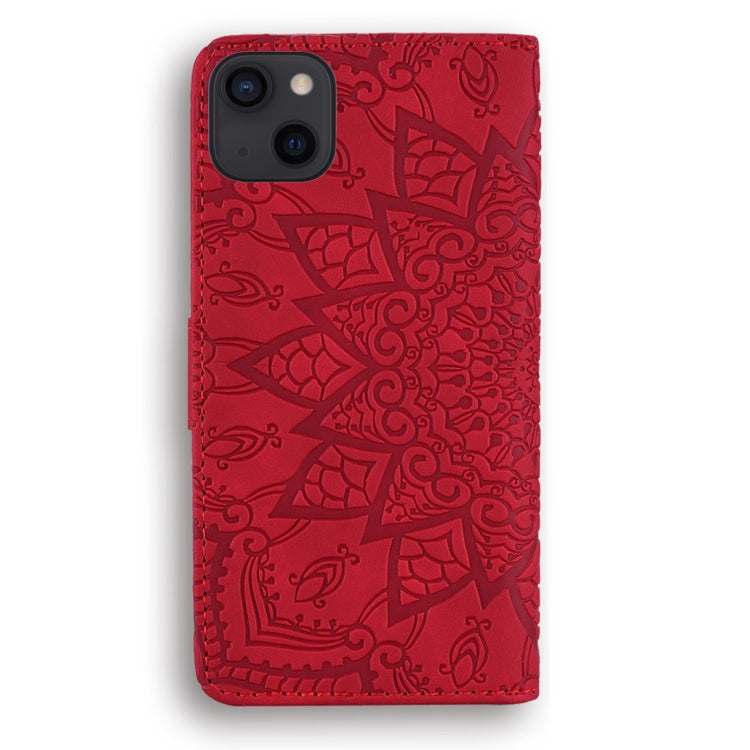 For iPhone 15 Pro Mandala Embossed Dual-Fold Calf Leather Phone Case(Red) - HoMEdemic™ 