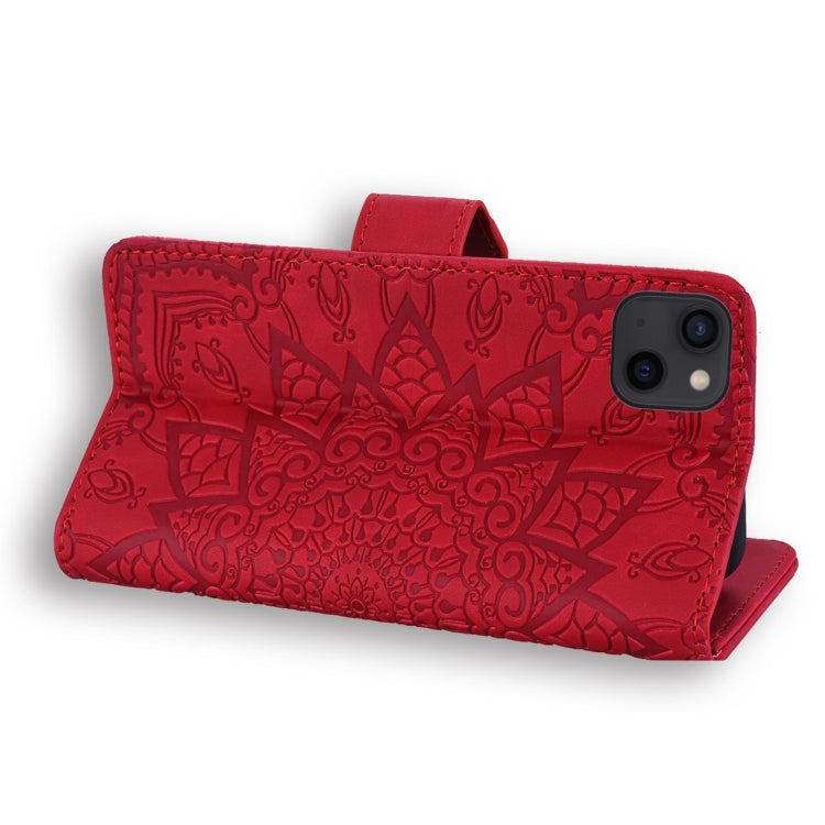 For iPhone 15 Pro Mandala Embossed Dual-Fold Calf Leather Phone Case(Red) - HoMEdemic™ 