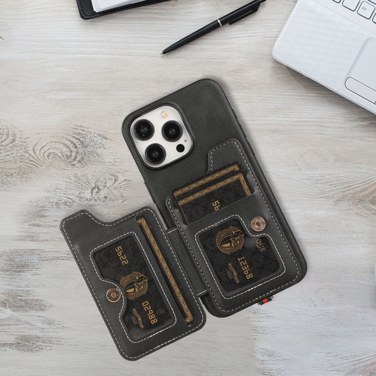 For iPhone 15 Pro Max 01 RFID Card Bag Cowhide Texture PU Phone Case(Black) - HoMEdemic™ 