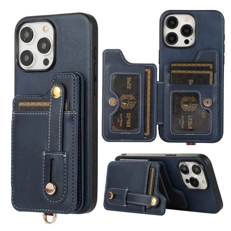 For iPhone 15 Pro Max 01 RFID Card Bag Cowhide Texture PU Phone Case(Blue) - HoMEdemic™ 