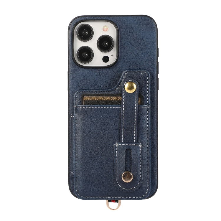 For iPhone 15 Pro Max 01 RFID Card Bag Cowhide Texture PU Phone Case(Blue) - HoMEdemic™ 