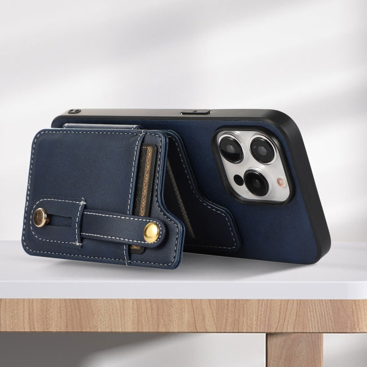 For iPhone 15 Pro Max 01 RFID Card Bag Cowhide Texture PU Phone Case(Blue) - HoMEdemic™ 