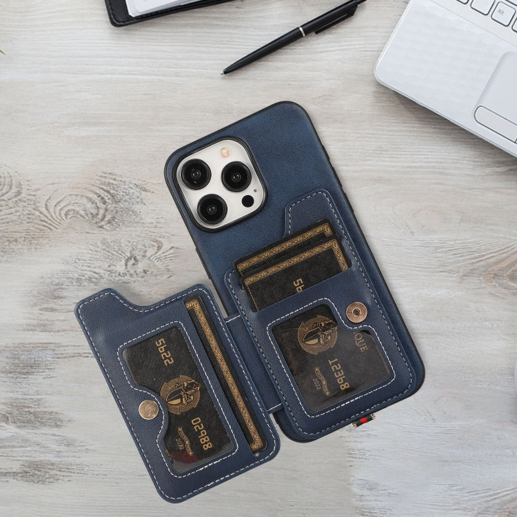 For iPhone 15 Pro Max 01 RFID Card Bag Cowhide Texture PU Phone Case(Blue) - HoMEdemic™ 