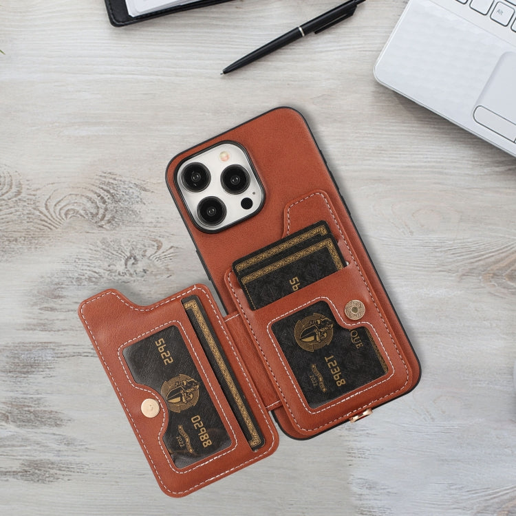 For iPhone 15 Pro Max 01 RFID Card Bag Cowhide Texture PU Phone Case(Brown) - HoMEdemic™ 