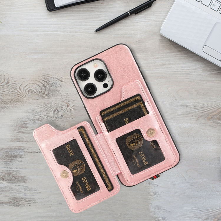 For iPhone 15 Pro Max 01 RFID Card Bag Cowhide Texture PU Phone Case(Pink) - HoMEdemic™ 