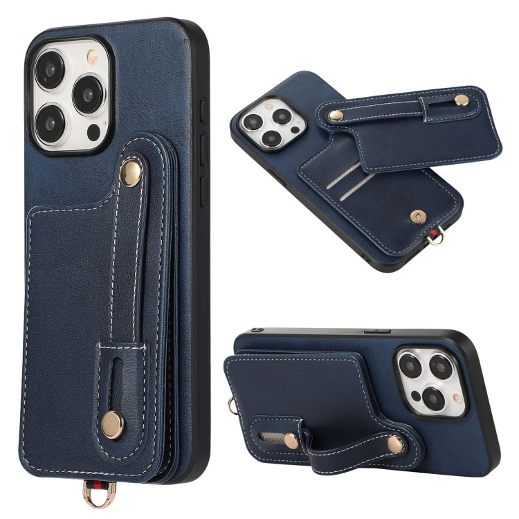 For iPhone 15 Pro Max 03 RFID Card Bag Cowhide Texture PU Phone Case(Blue) - HoMEdemic™ 
