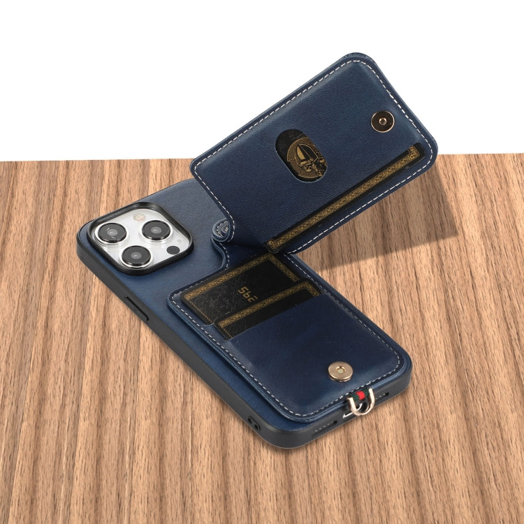 For iPhone 15 Pro Max 03 RFID Card Bag Cowhide Texture PU Phone Case(Blue) - HoMEdemic™ 