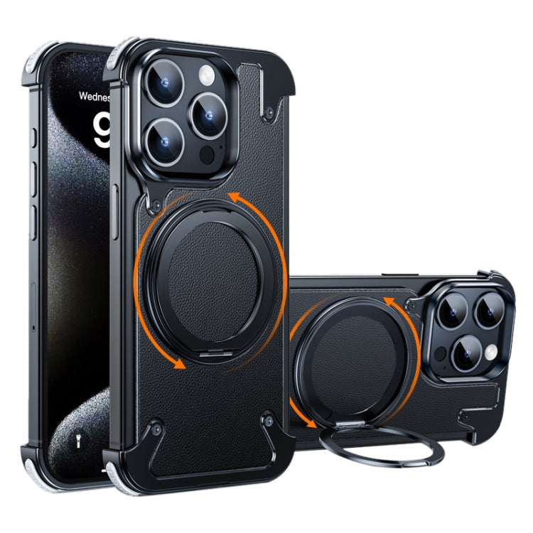 For iPhone 15 Pro Max 360 Degree Rotation MagSafe Stand Metal Phone Case(Leather Black) - HoMEdemic™ 