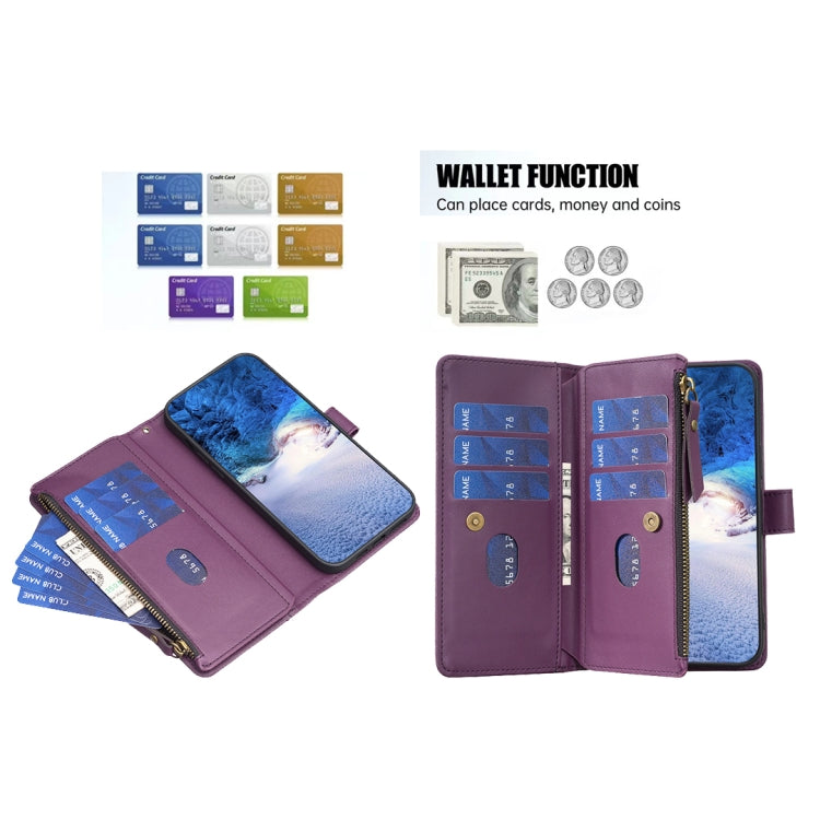 For iPhone 15 Pro Max 9 Card Slots Zipper Wallet Leather Flip Phone Case(Dark Purple) - HoMEdemic™ 