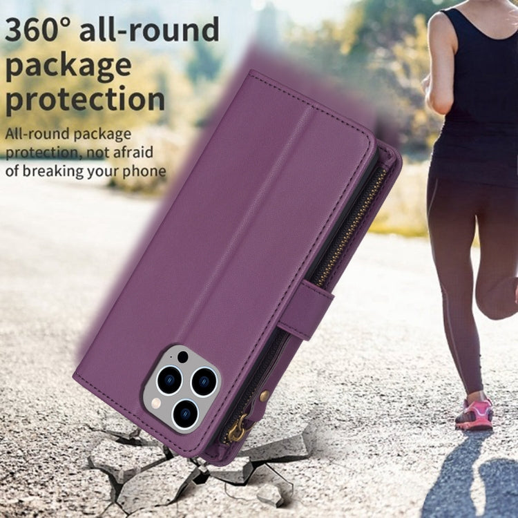 For iPhone 15 Pro Max 9 Card Slots Zipper Wallet Leather Flip Phone Case(Dark Purple) - HoMEdemic™ 