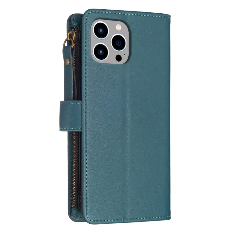 For iPhone 15 Pro Max 9 Card Slots Zipper Wallet Leather Flip Phone Case(Green) - HoMEdemic™ 