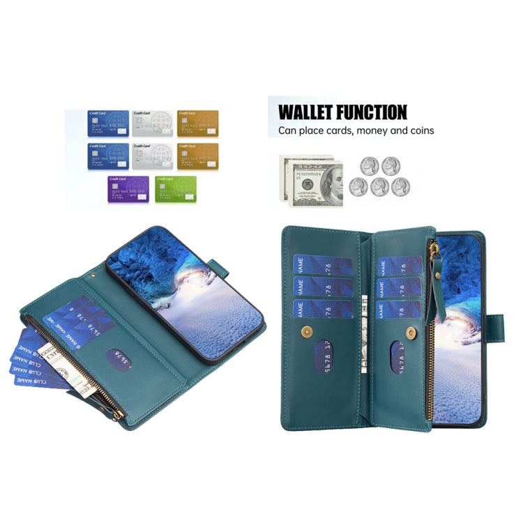 For iPhone 15 Pro Max 9 Card Slots Zipper Wallet Leather Flip Phone Case(Green) - HoMEdemic™ 