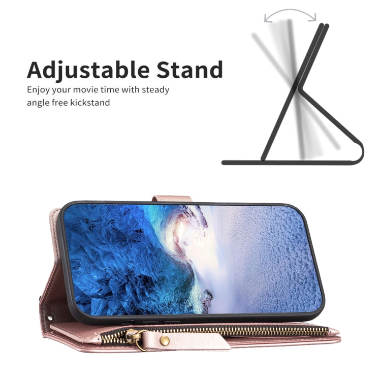 For iPhone 15 Pro Max 9 Card Slots Zipper Wallet Leather Flip Phone Case(Rose Gold) - HoMEdemic™ 