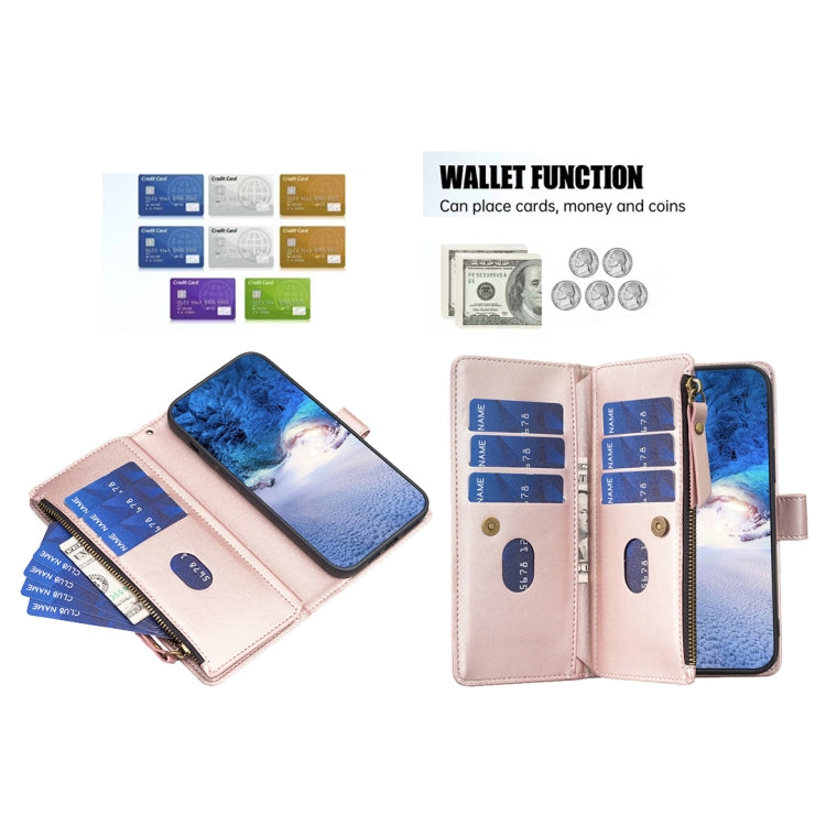For iPhone 15 Pro Max 9 Card Slots Zipper Wallet Leather Flip Phone Case(Rose Gold) - HoMEdemic™ 