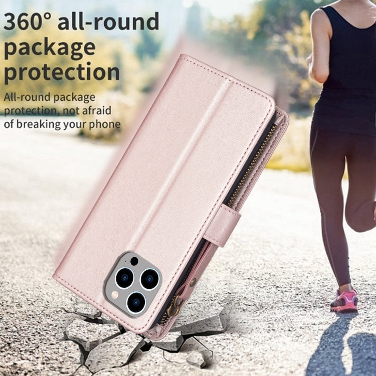 For iPhone 15 Pro Max 9 Card Slots Zipper Wallet Leather Flip Phone Case(Rose Gold) - HoMEdemic™ 