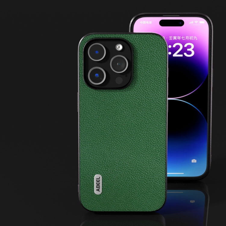 For iPhone 15 Pro Max ABEEL Black Edge Genuine Leather Mino Phone Case(Green) - HoMEdemic™ 