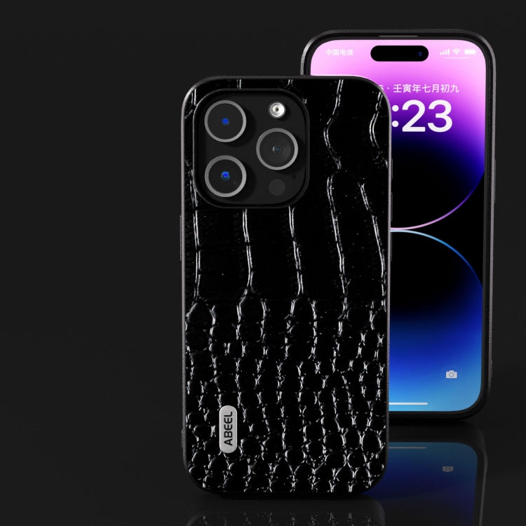For iPhone 15 Pro Max ABEEL Genuine Leather Crocodile Pattern Black Edge Phone Case(Black) - HoMEdemic™ 