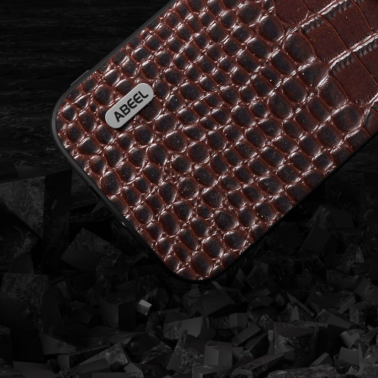 For iPhone 15 Pro Max ABEEL Genuine Leather Crocodile Pattern Black Edge Phone Case(Coffee) - HoMEdemic™ 