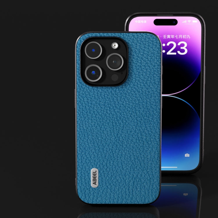 For iPhone 15 Pro Max ABEEL Genuine Leather Litchi Texture Phone Case(Blue) - HoMEdemic™ 