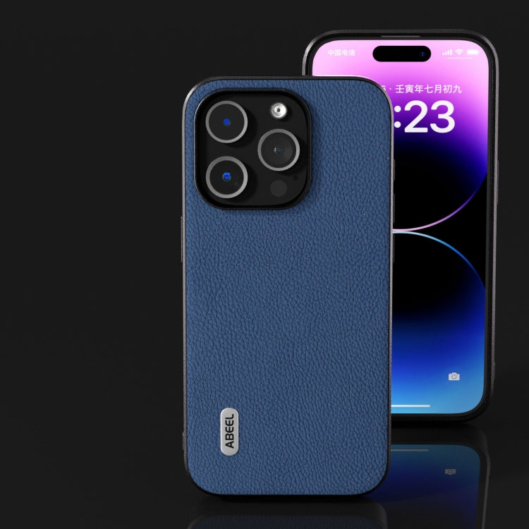 For iPhone 15 Pro Max ABEEL Genuine Leather + PC Litchi Texture Phone Case(Blue) - HoMEdemic™ 